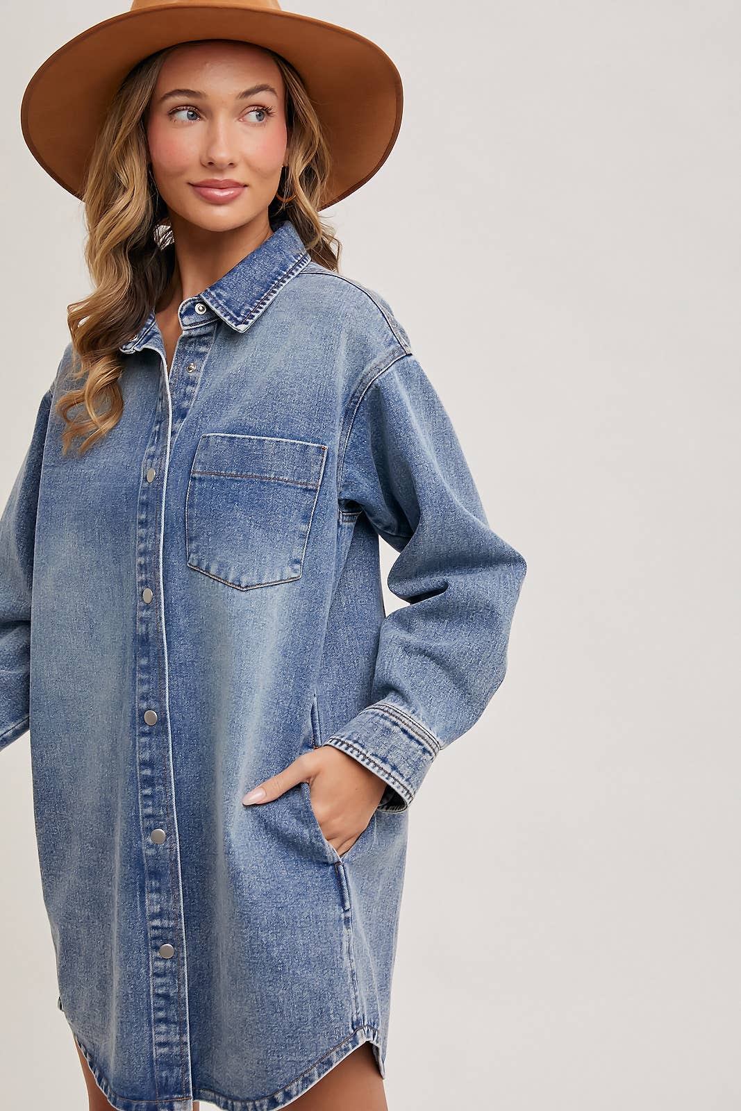 DENIM BUTTON DOWN SHIRT DRESS WITH POCKETS