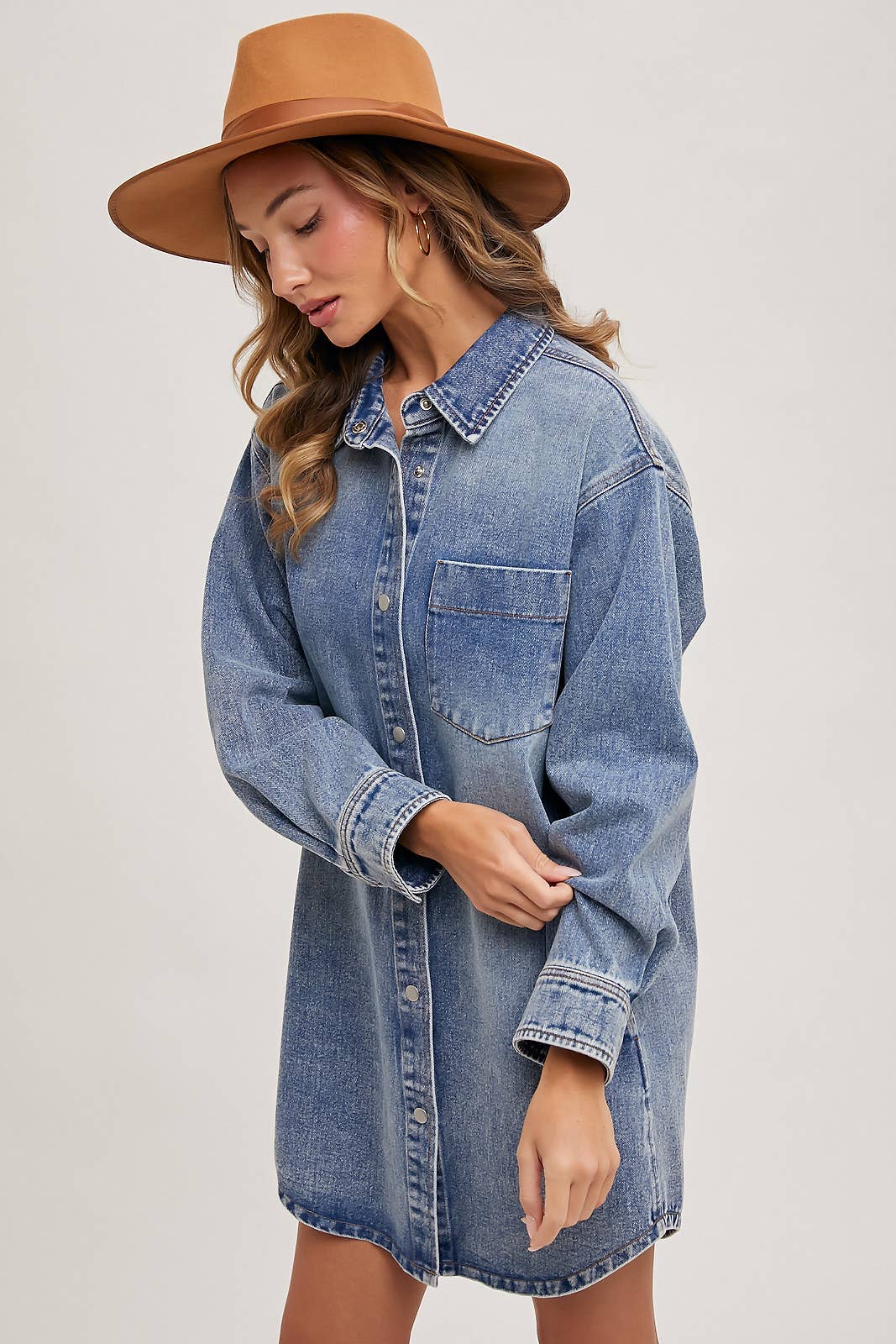 DENIM BUTTON DOWN SHIRT DRESS WITH POCKETS