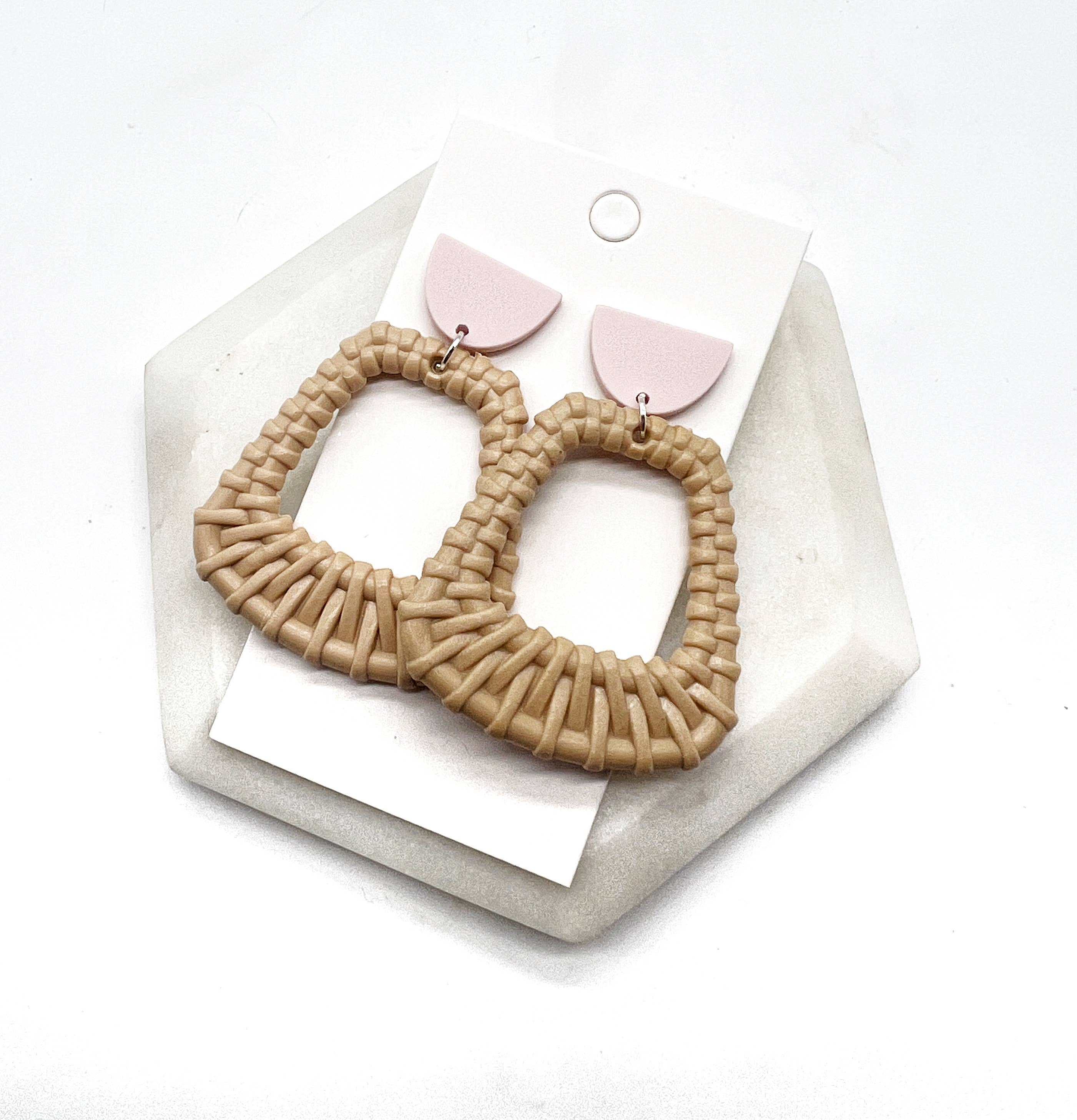 Blush Pink Cappuccino Acrylic Raffia Trapezoid Earrings