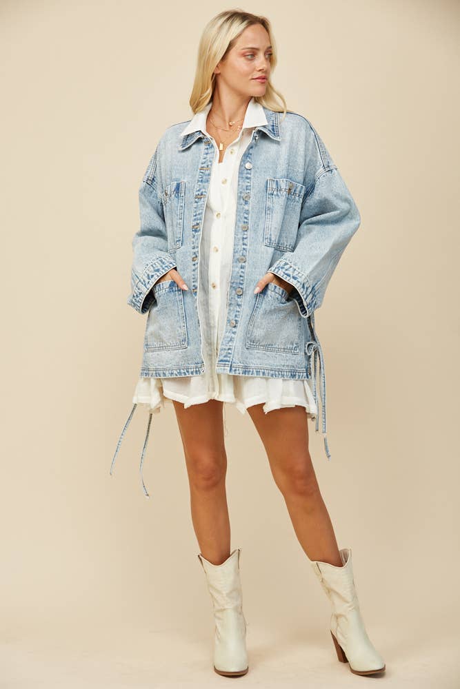 BOHO SIDE TIE DETAIL OVERSIZED DENIM JACKET