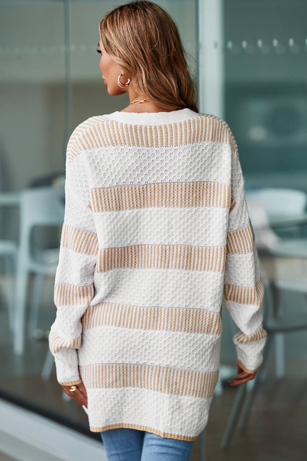 Beige Textured Stripe Pattern Drop Shoulder Duster Cardigan