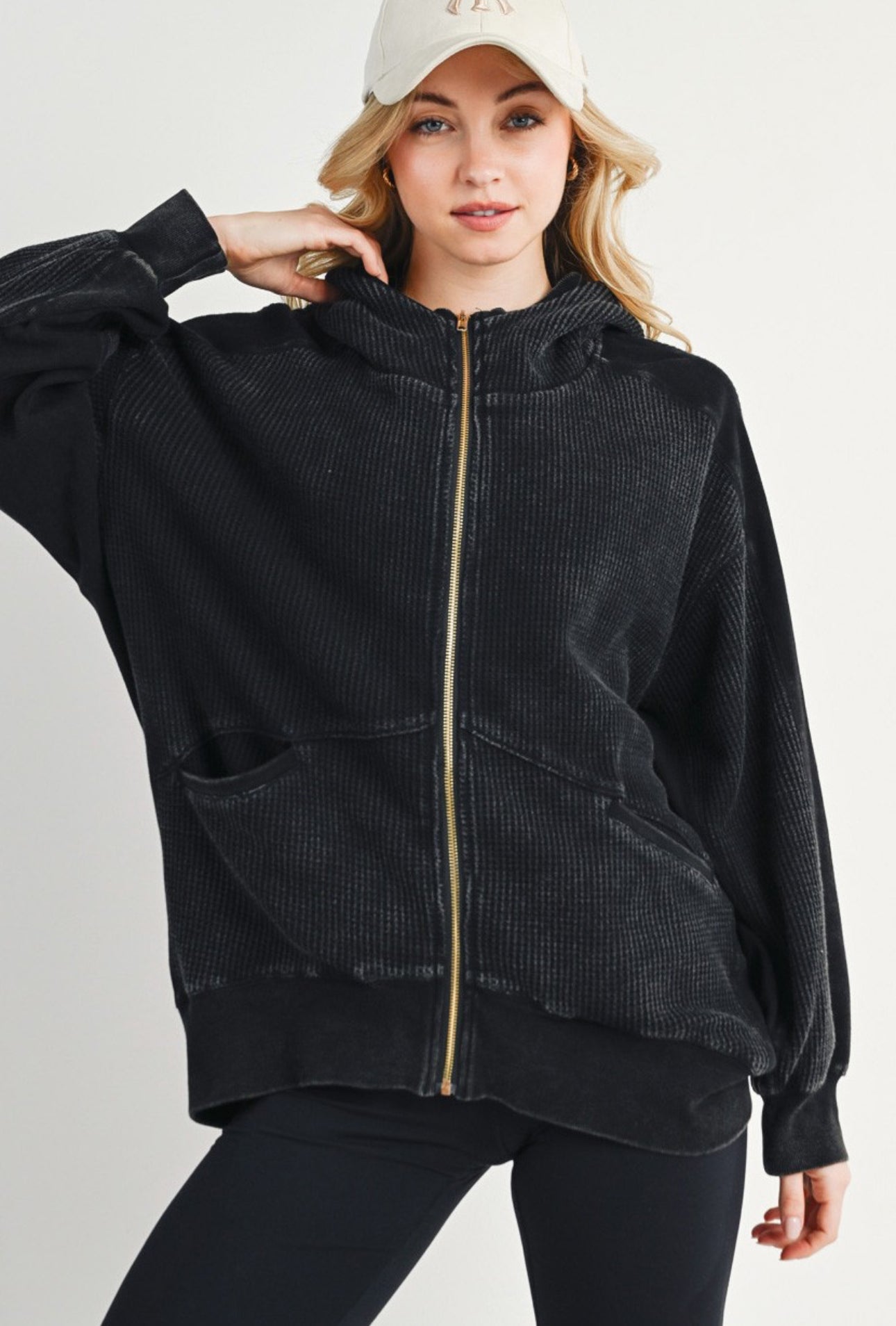 Black thermal waffle knit hoodie