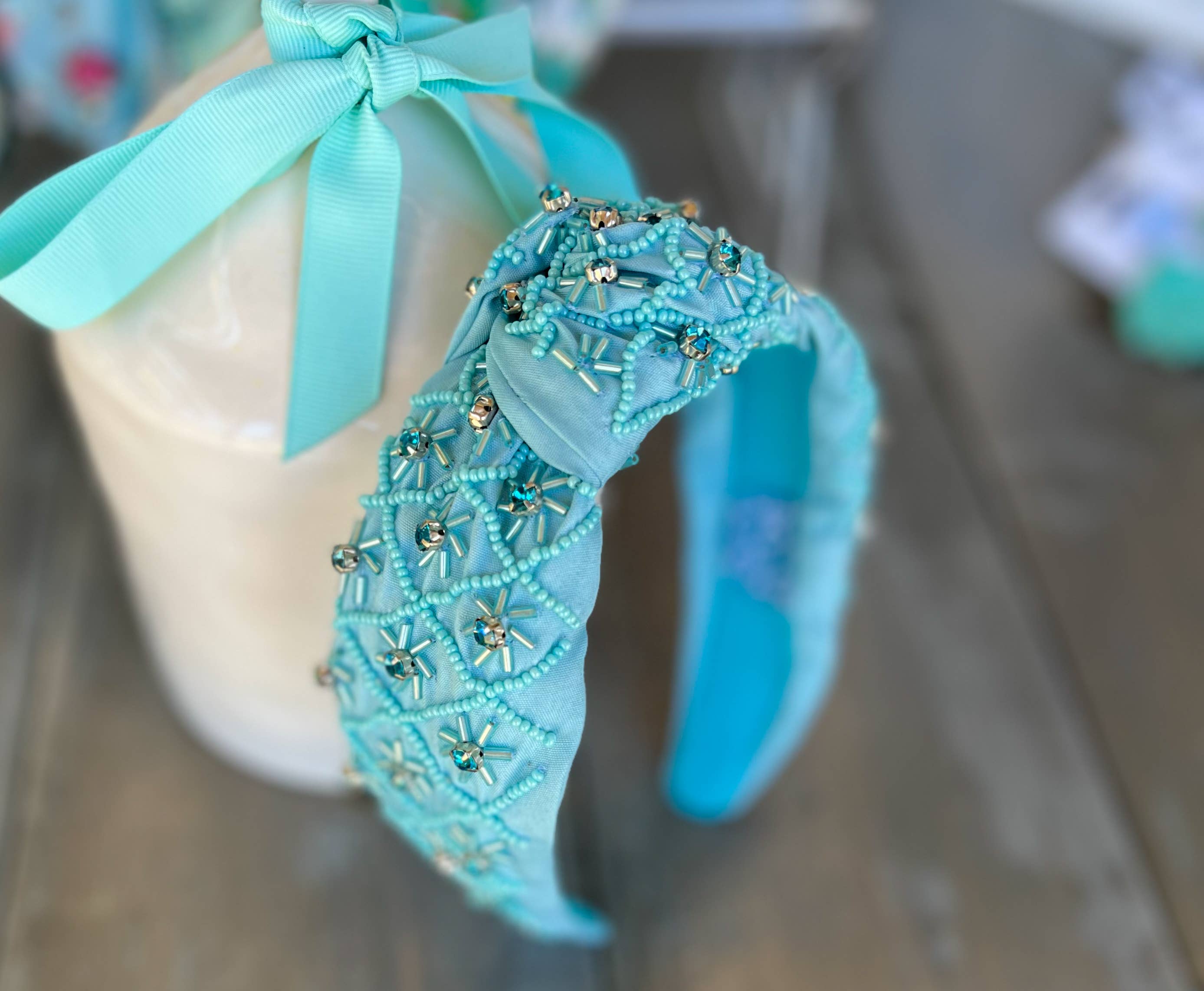 Ocean Blue Beaded Headband with Rhinestone Details