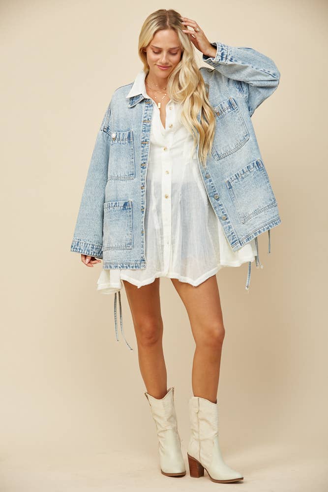 BOHO SIDE TIE DETAIL OVERSIZED DENIM JACKET