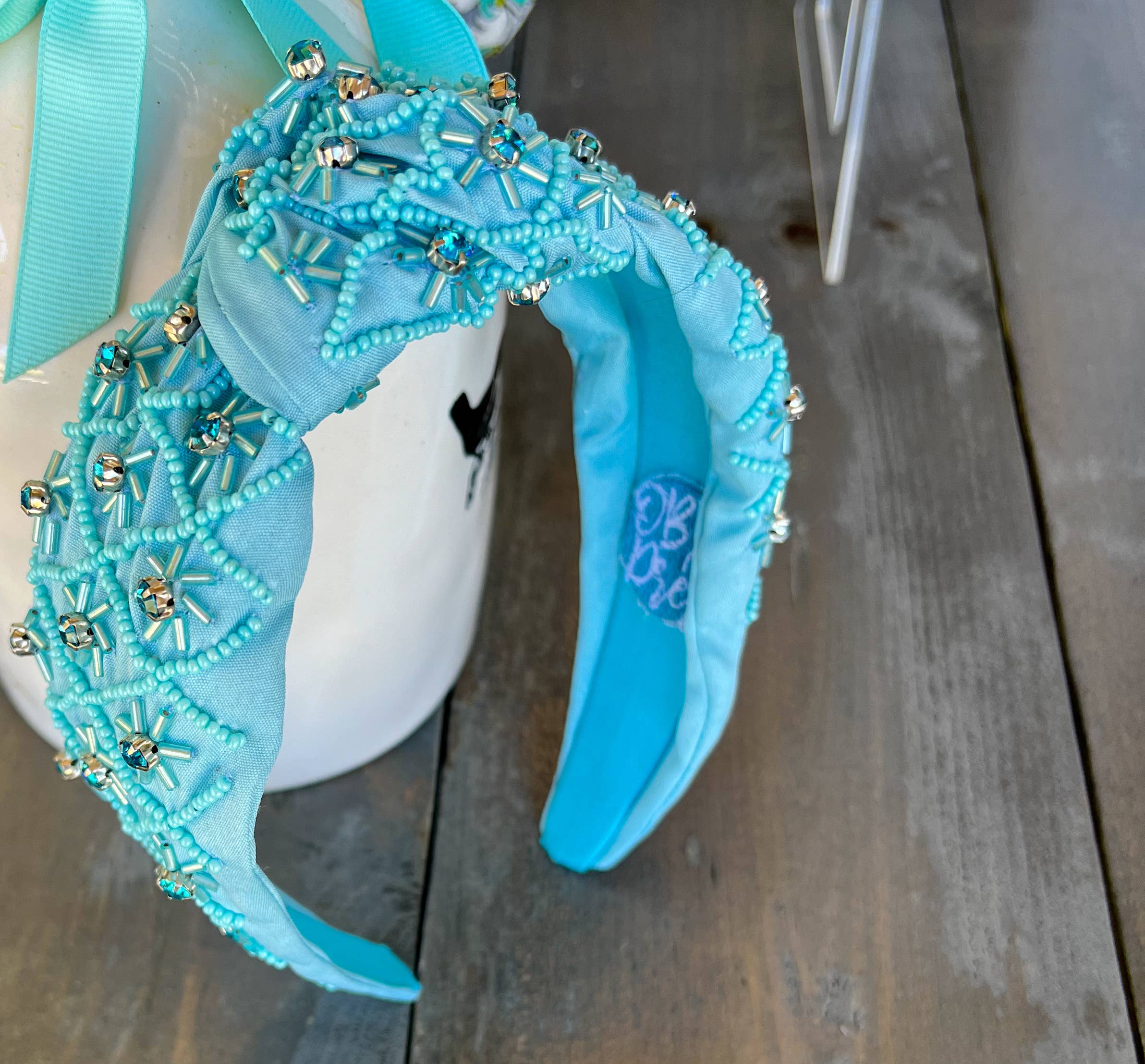 Ocean Blue Beaded Headband with Rhinestone Details