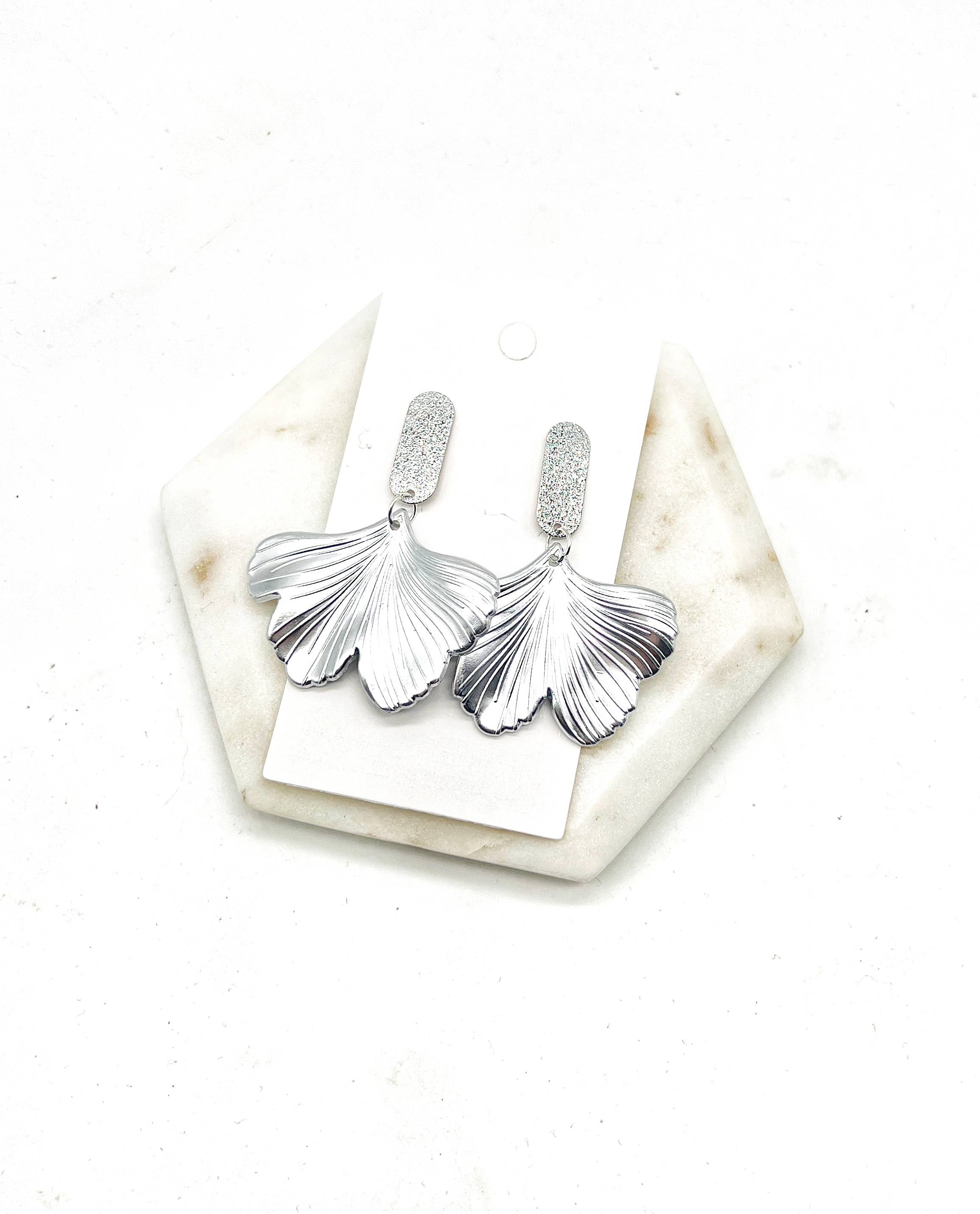 Silver Ginkgo Leaf Statement Earrings