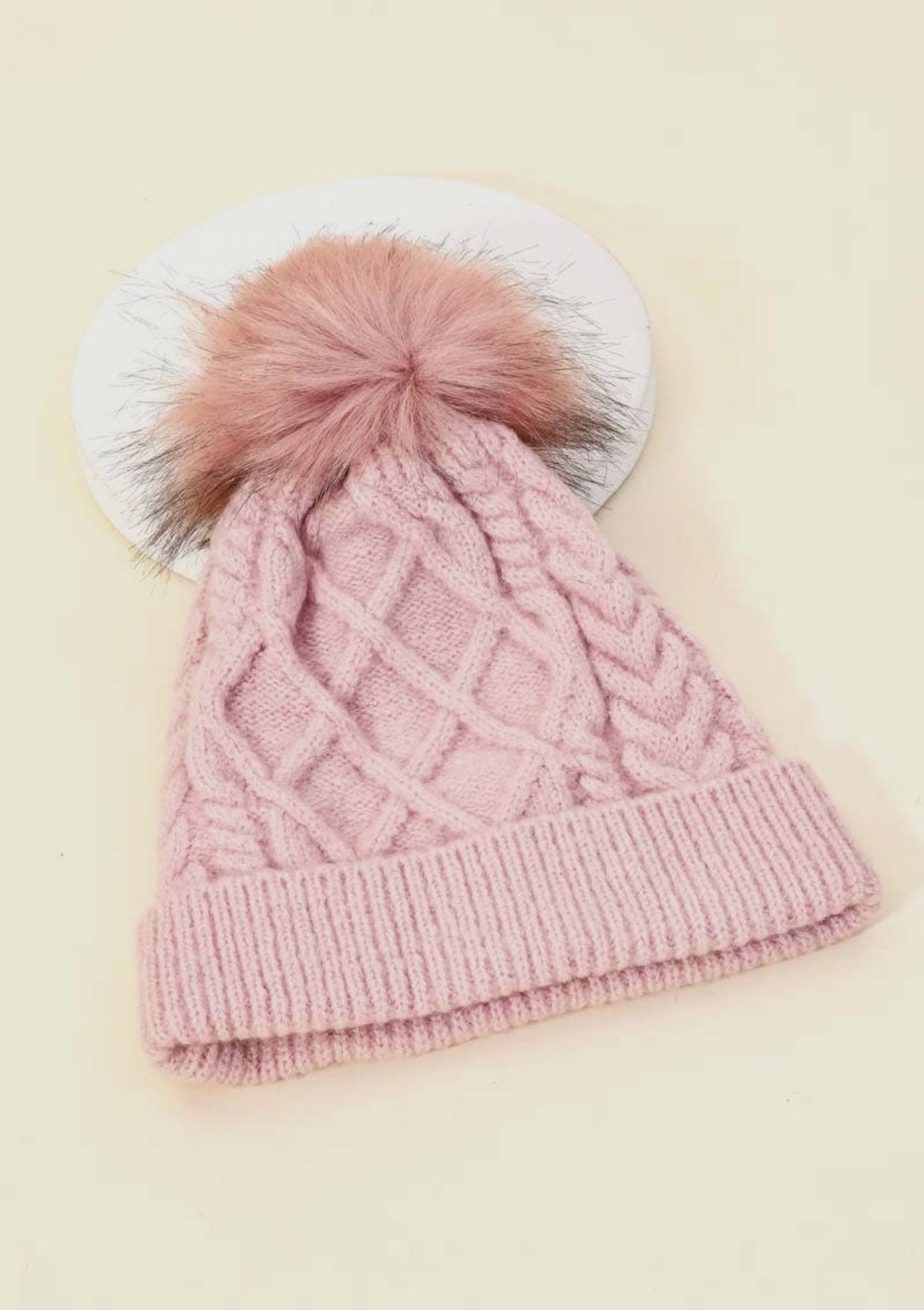 Pink Knit Fuzzy Pom Beanie