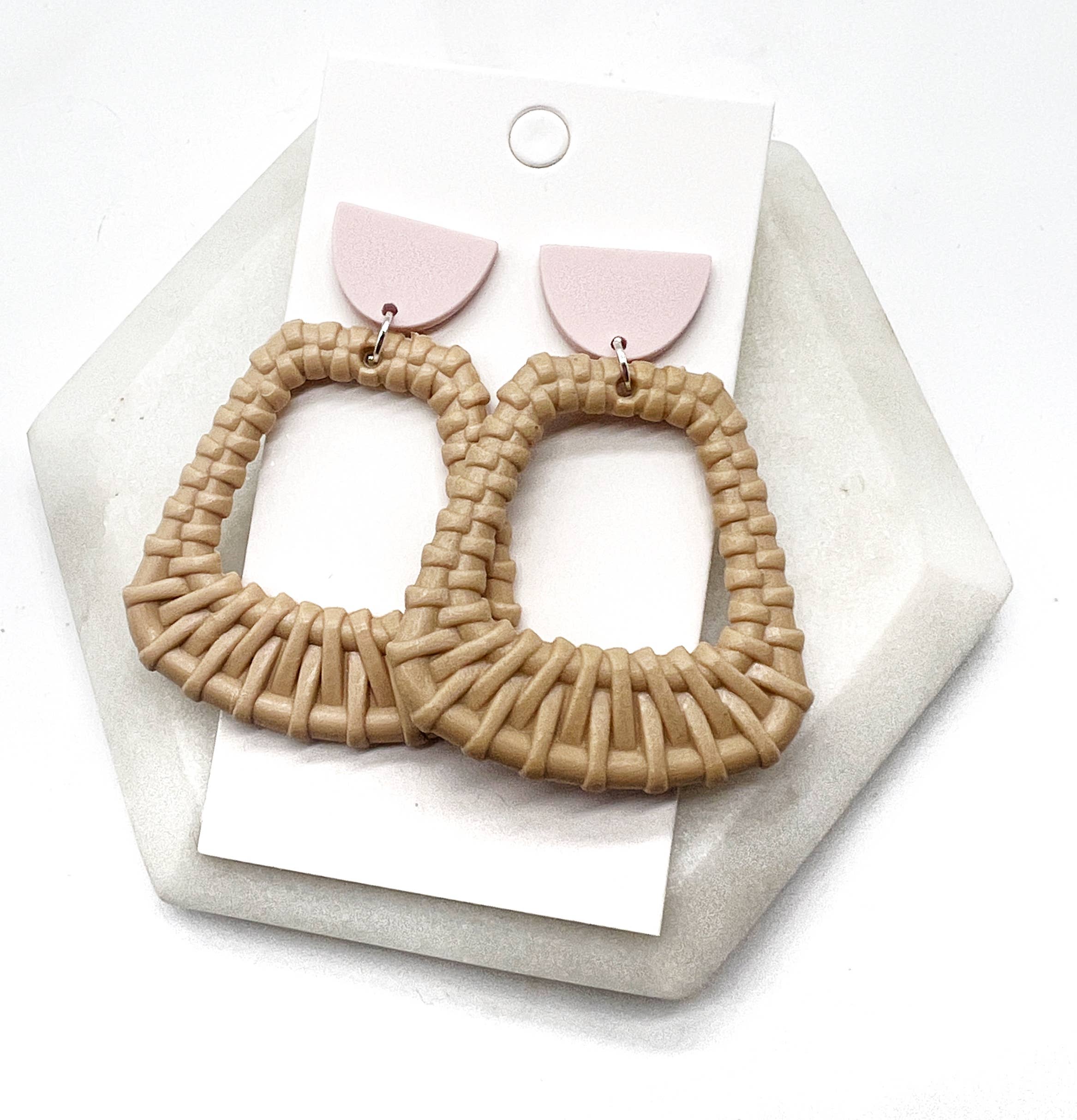 Blush Pink Cappuccino Acrylic Raffia Trapezoid Earrings