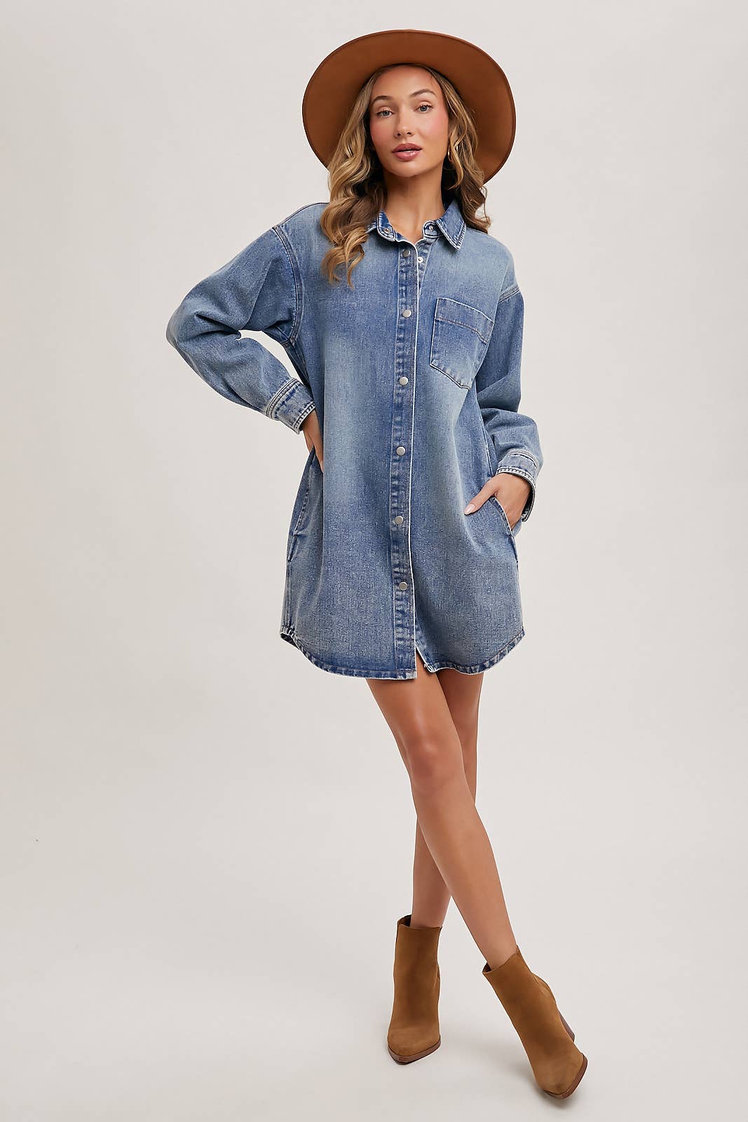 DENIM BUTTON DOWN SHIRT DRESS WITH POCKETS