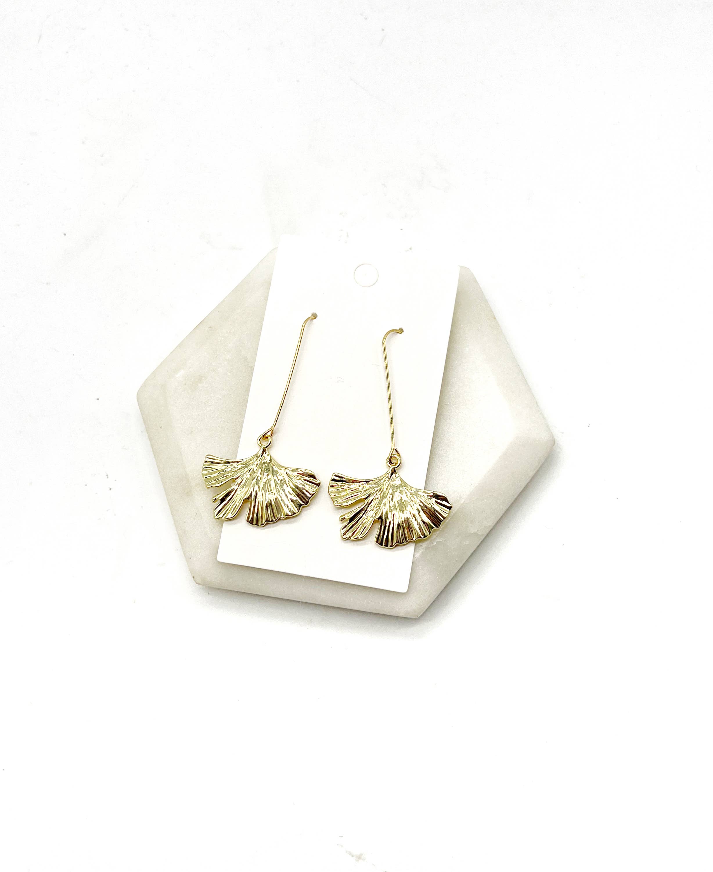 Gold Leaf Dangle Drop Metal Earrings