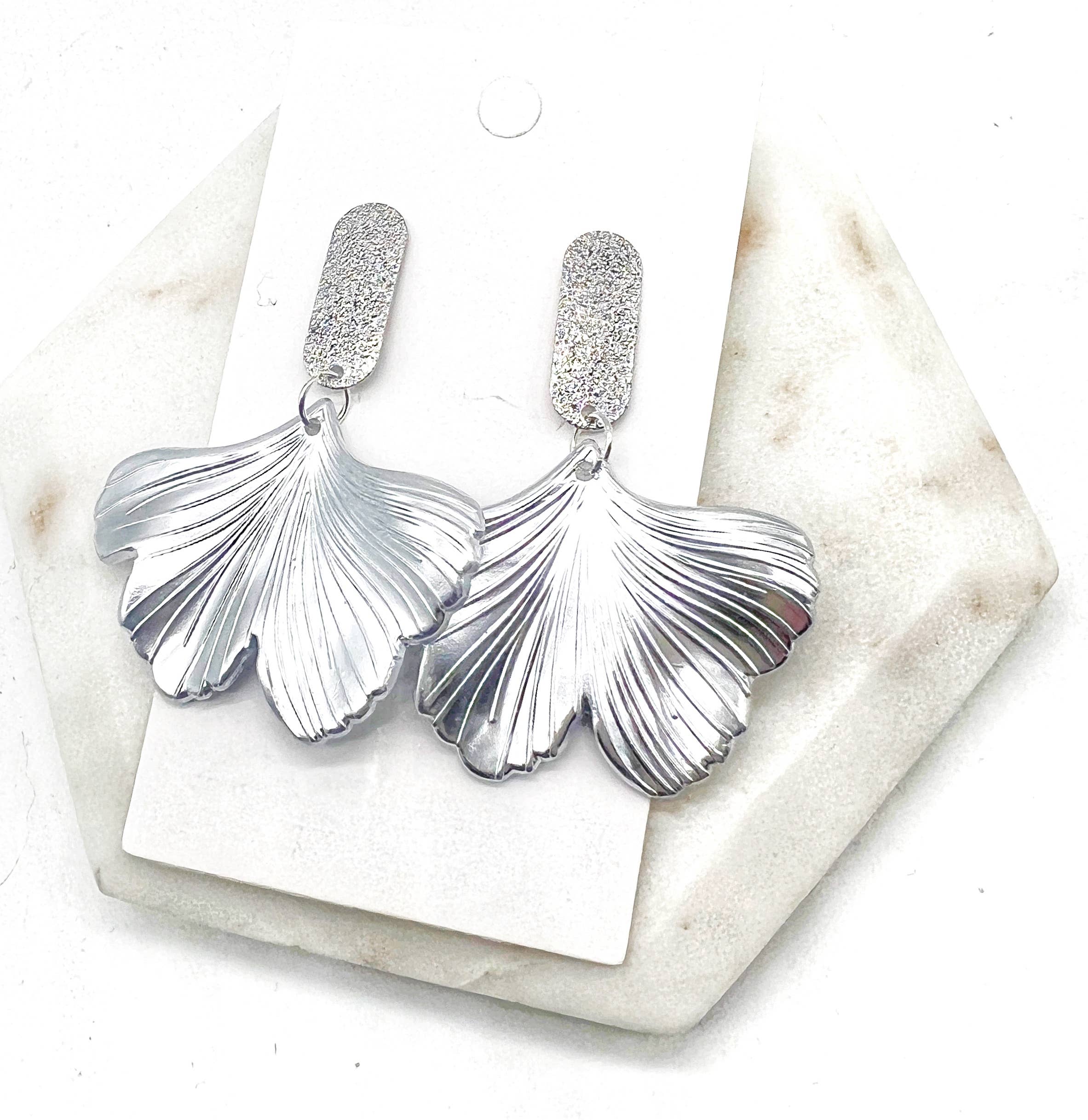 Silver Ginkgo Leaf Statement Earrings