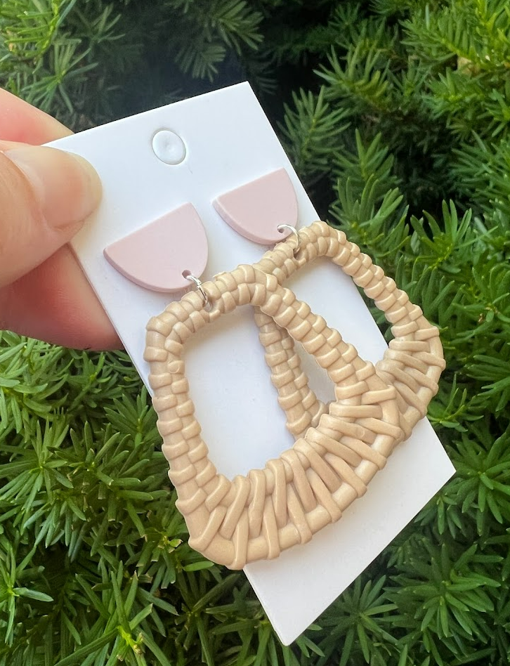 Blush Pink Cappuccino Acrylic Raffia Trapezoid Earrings