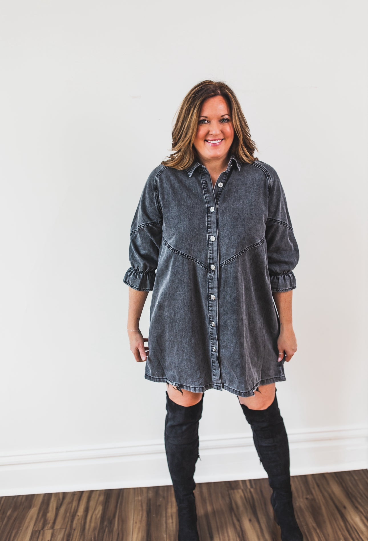 Buttoned Long Sleeve Denim Mini Dress