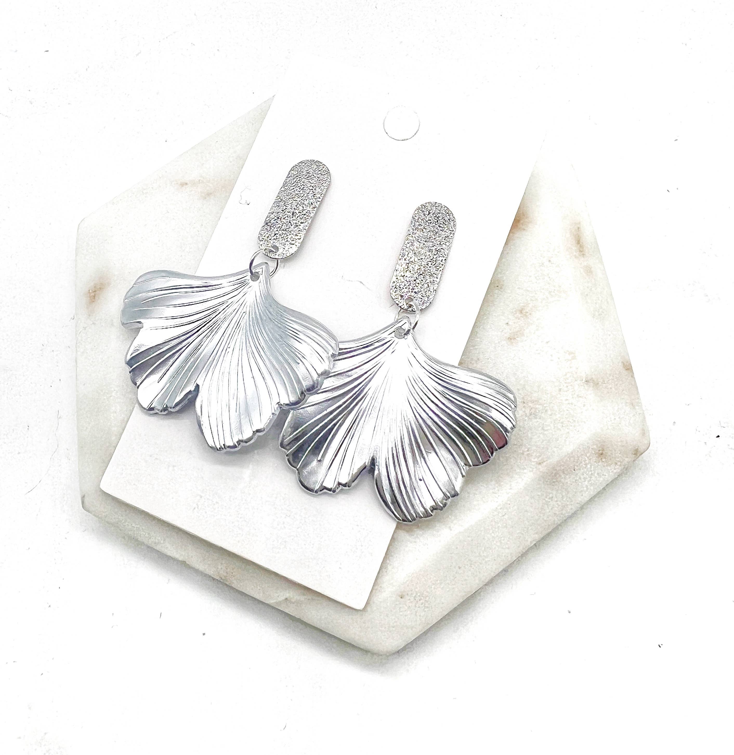 Silver Ginkgo Leaf Statement Earrings