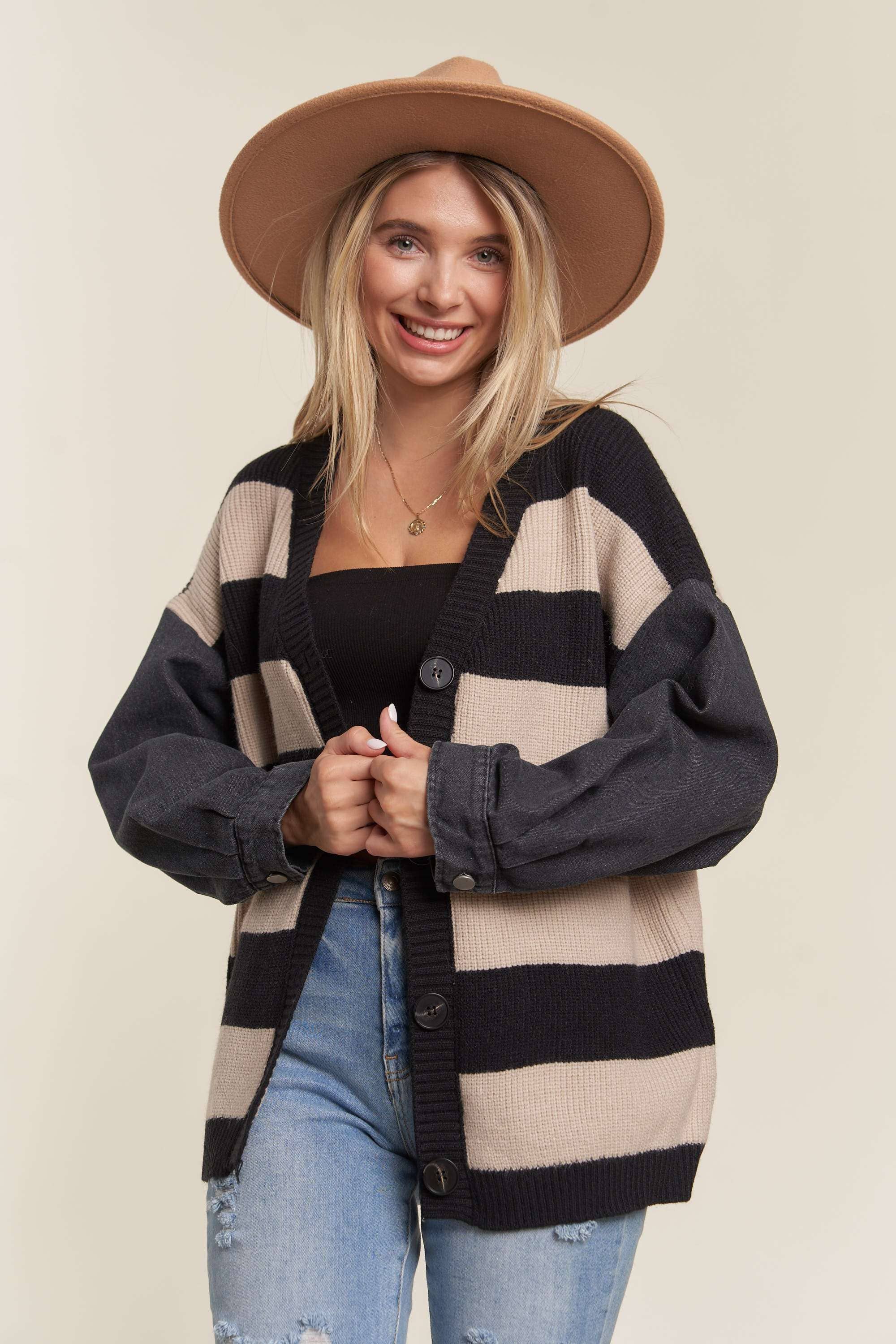 DENIM SLEEVE STRIPE SWEATER CARDIGAN