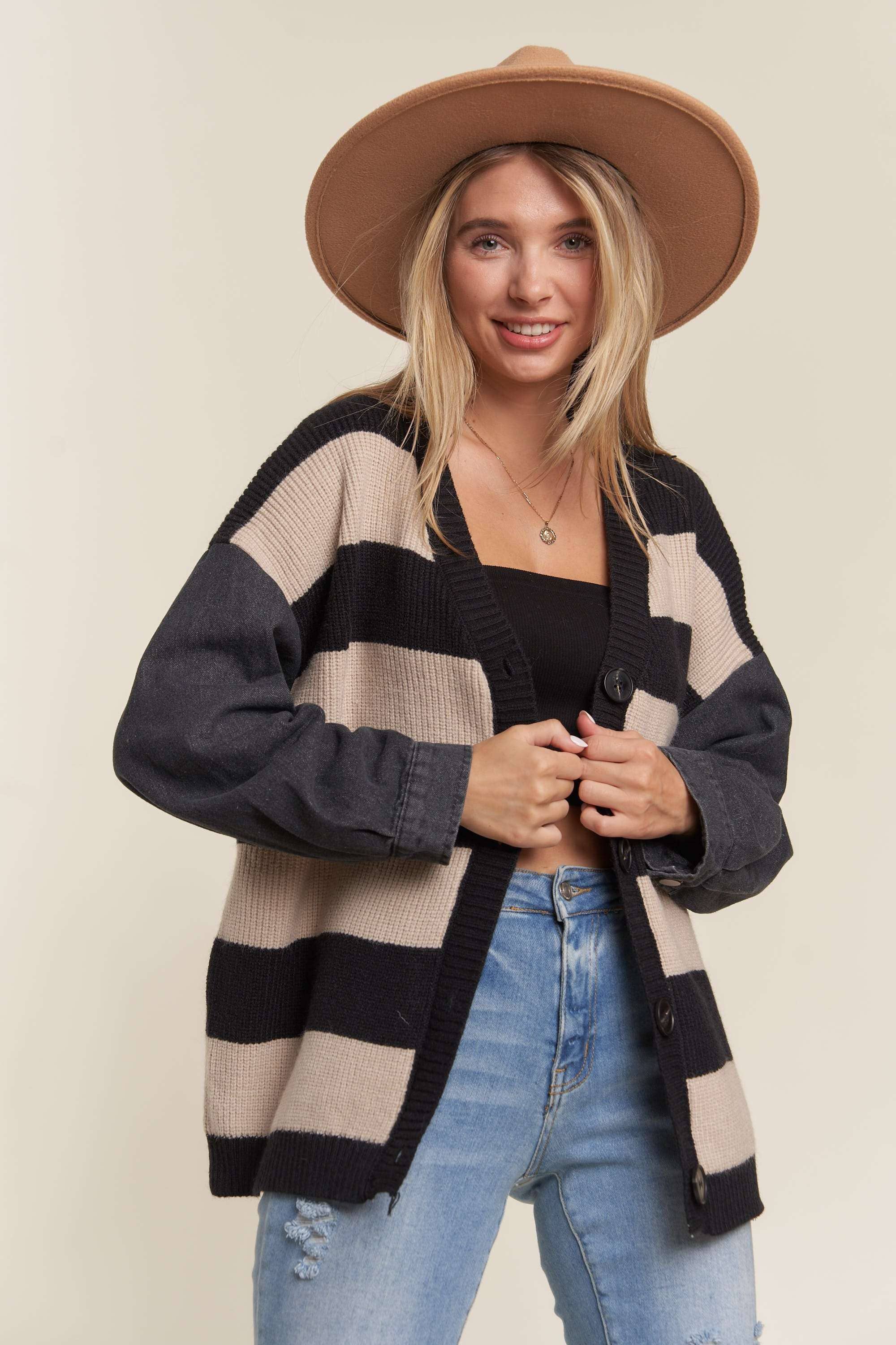 DENIM SLEEVE STRIPE SWEATER CARDIGAN