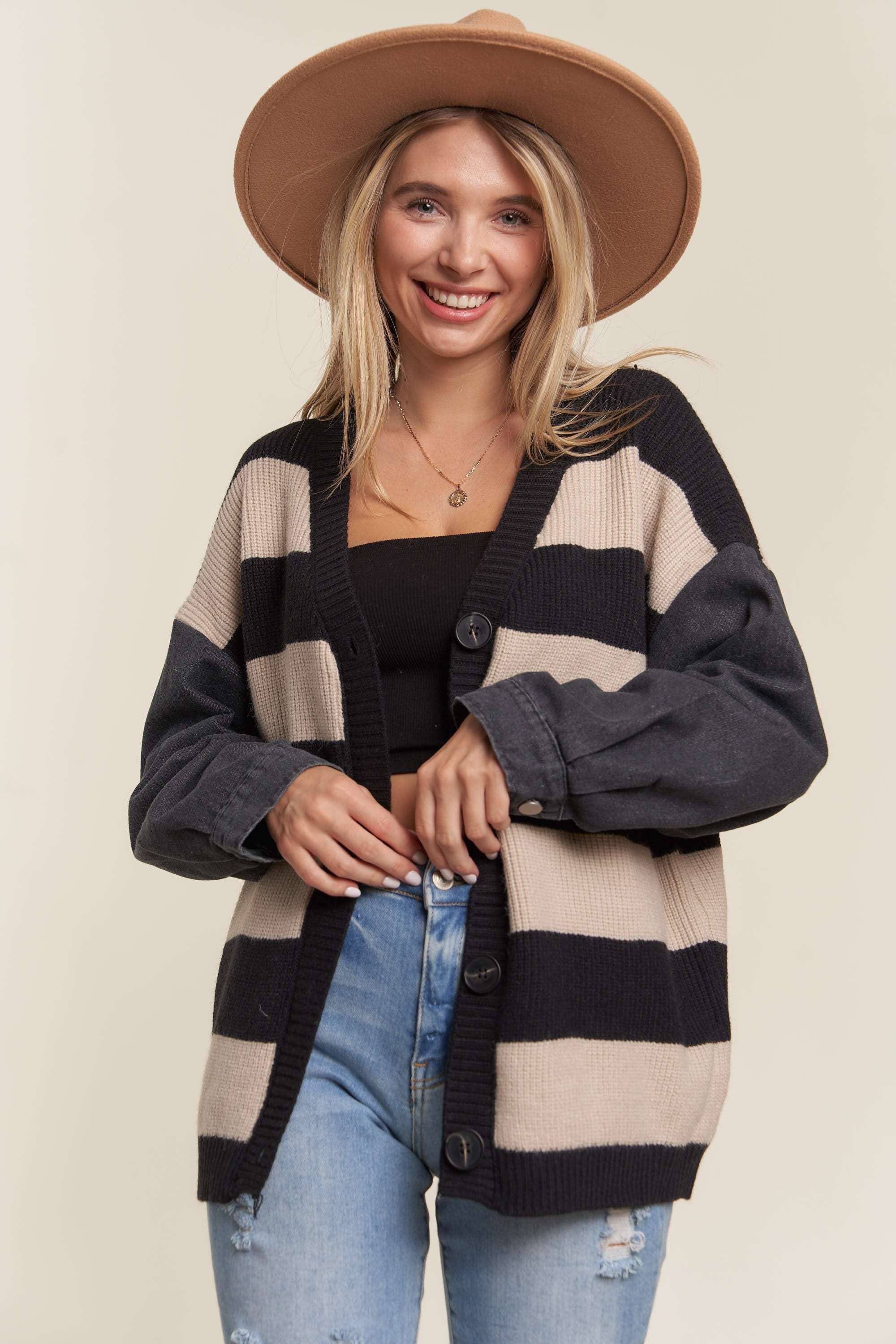 DENIM SLEEVE STRIPE SWEATER CARDIGAN