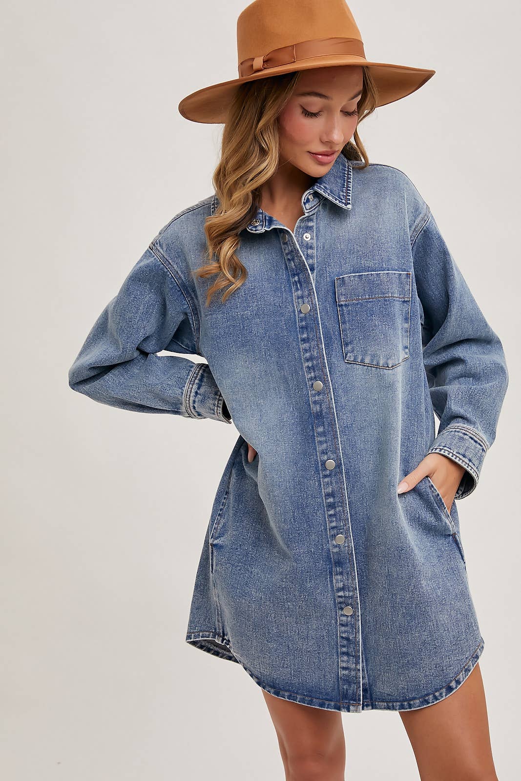 DENIM BUTTON DOWN SHIRT DRESS WITH POCKETS