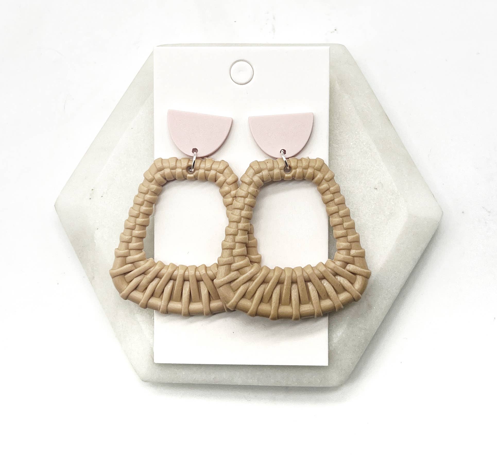 Blush Pink Cappuccino Acrylic Raffia Trapezoid Earrings