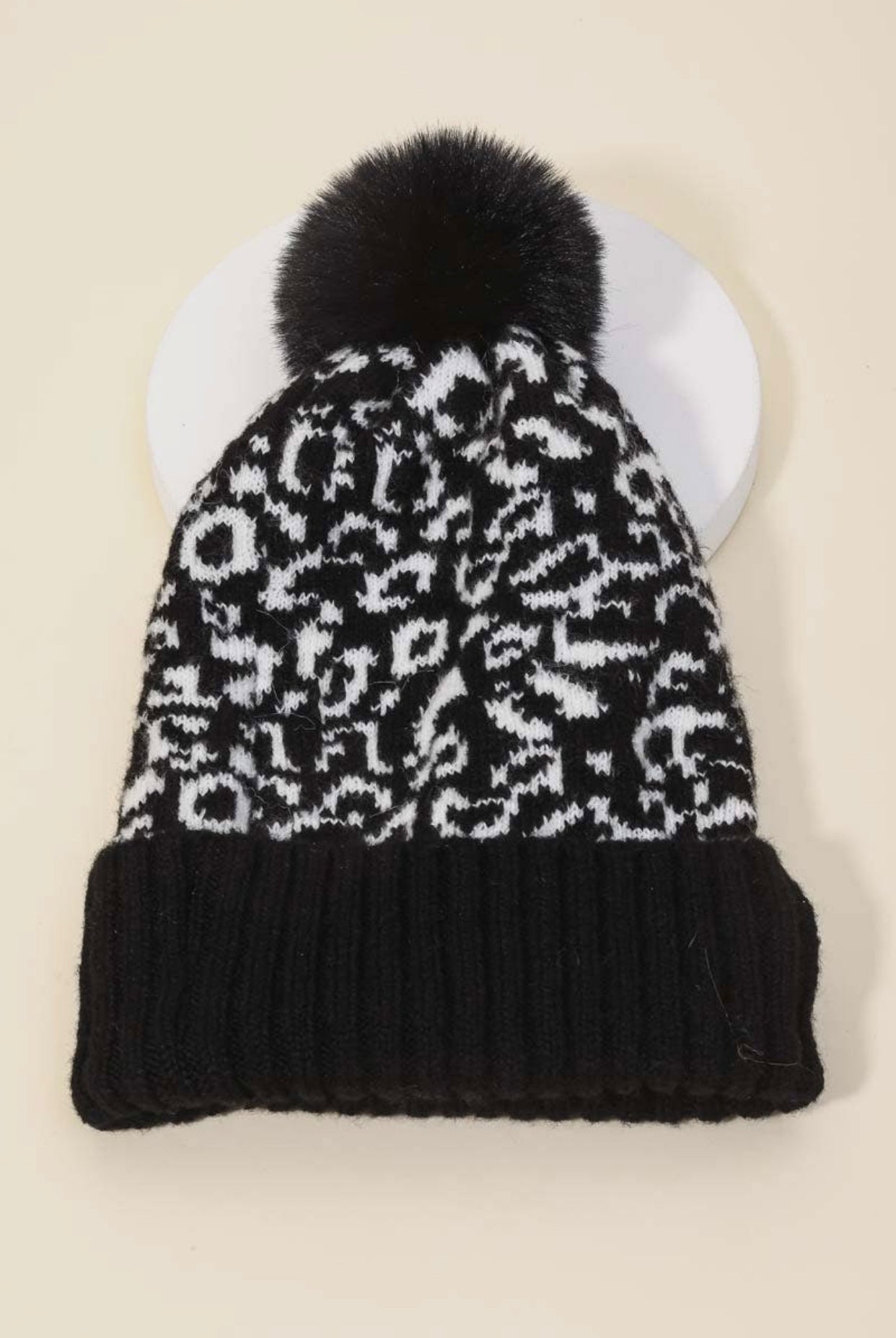 Leopard Print Fuzzy Pom Beanie