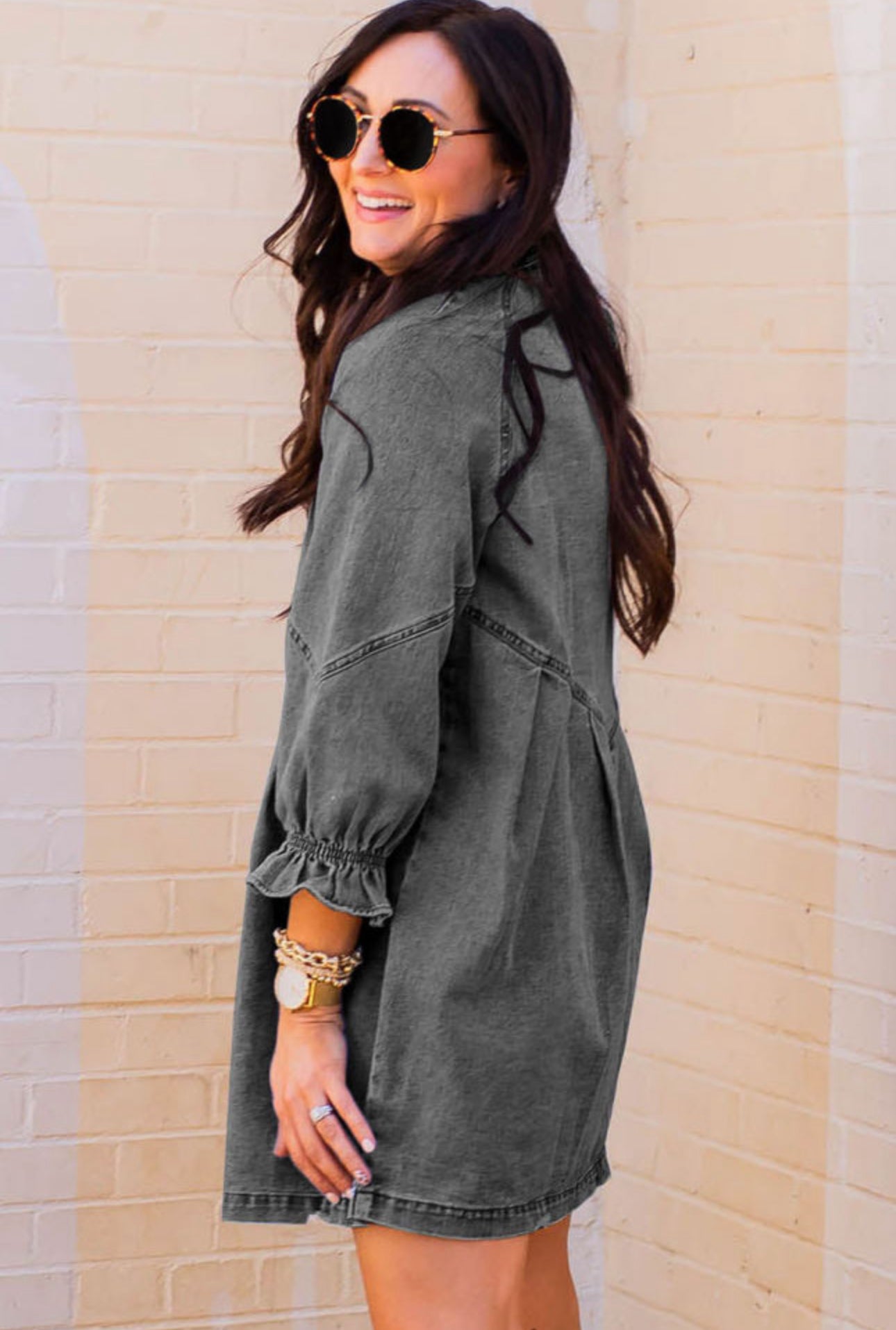 Buttoned Long Sleeve Denim Mini Dress