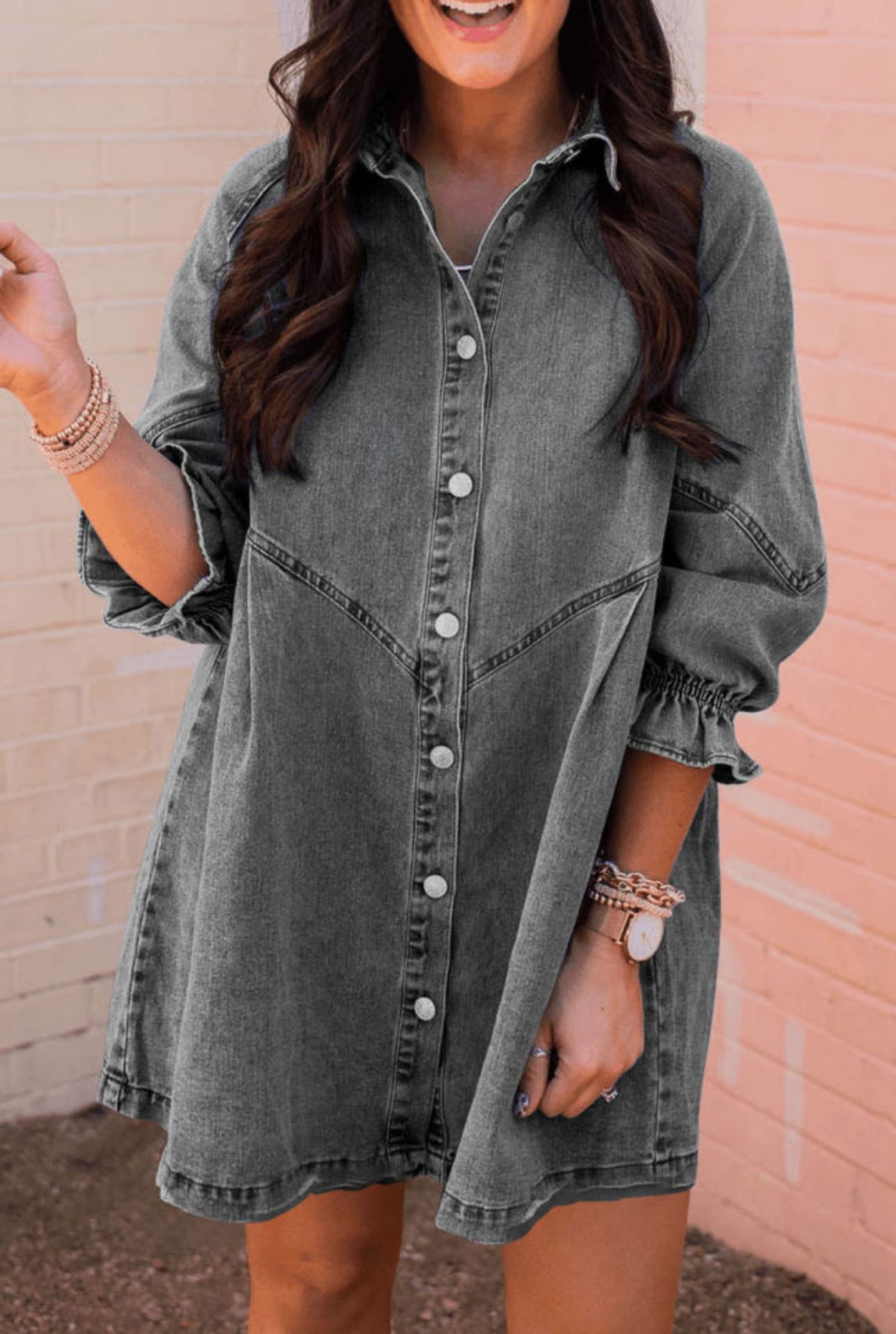 Buttoned Long Sleeve Denim Mini Dress