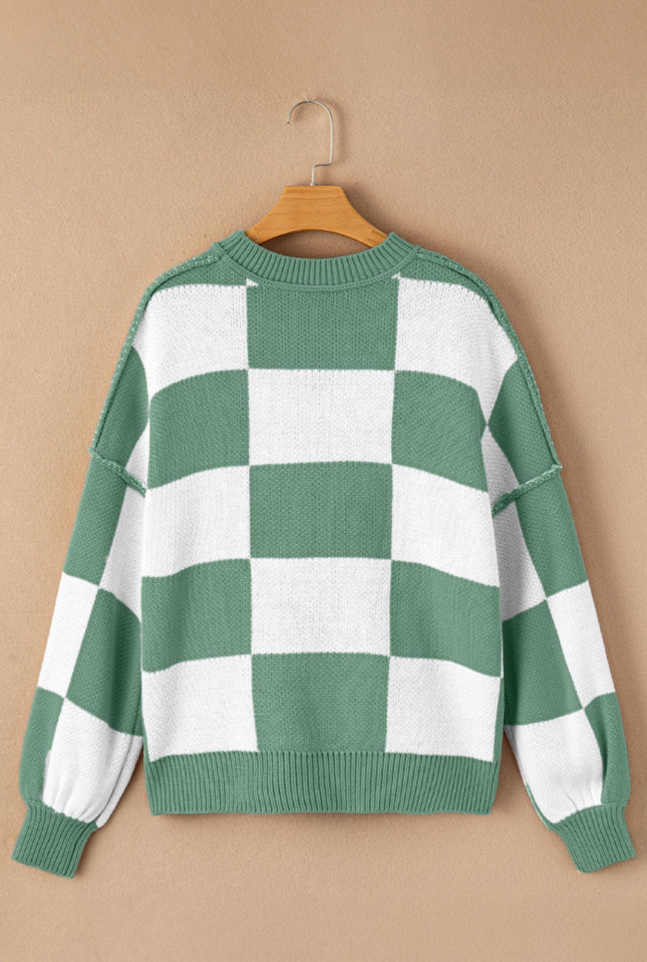 Green Checkered Bishop Sleeve Sweater