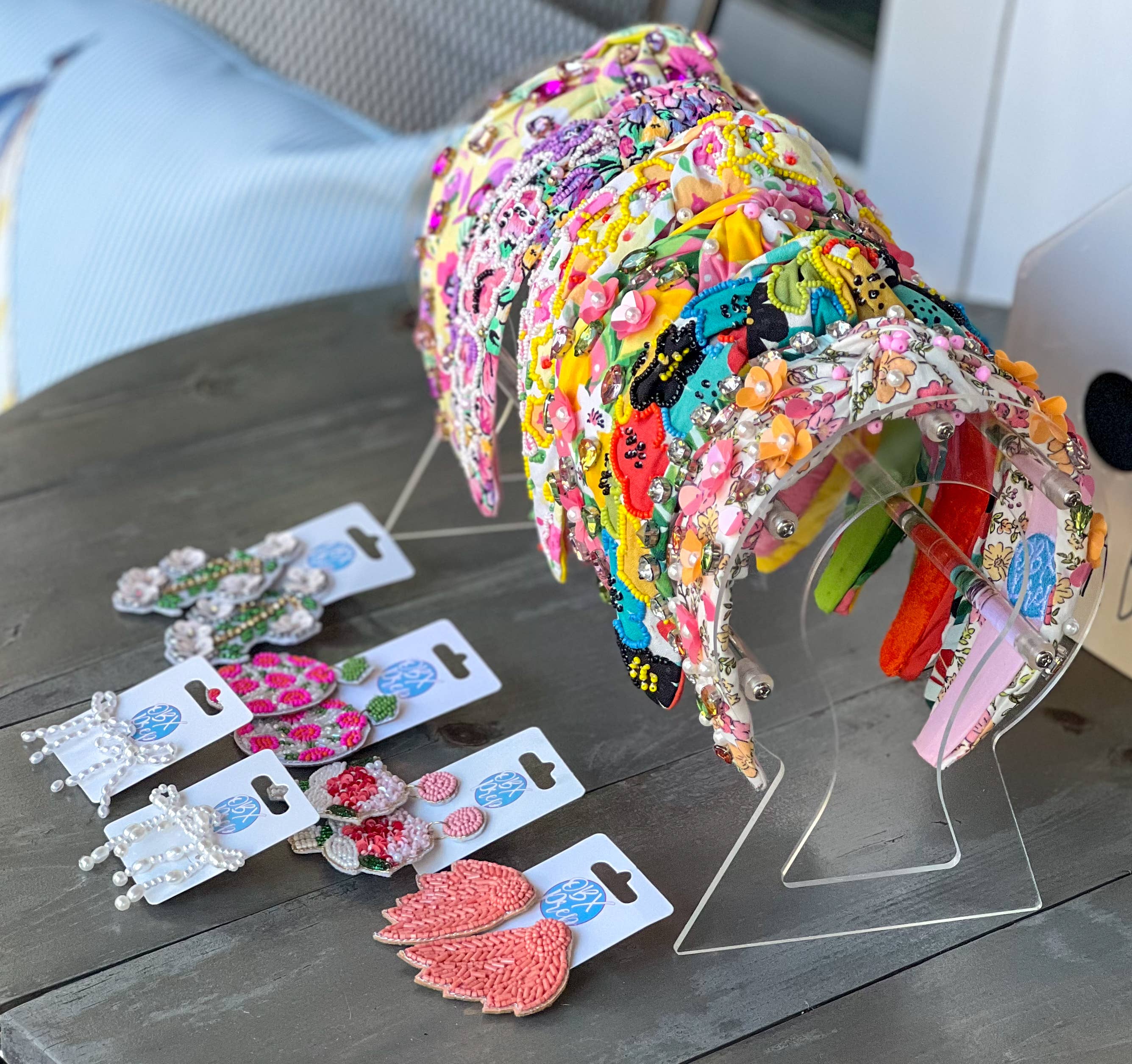 Corolla Pink and Orange Rhinestone and Seed Beaded Top Knot Headband