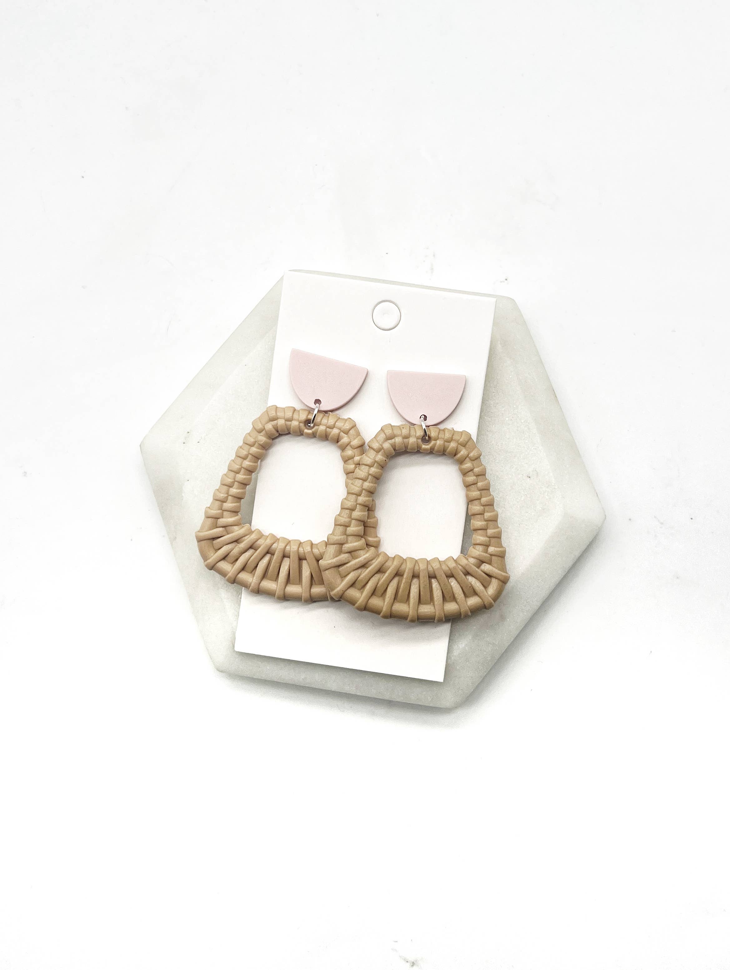 Blush Pink Cappuccino Acrylic Raffia Trapezoid Earrings