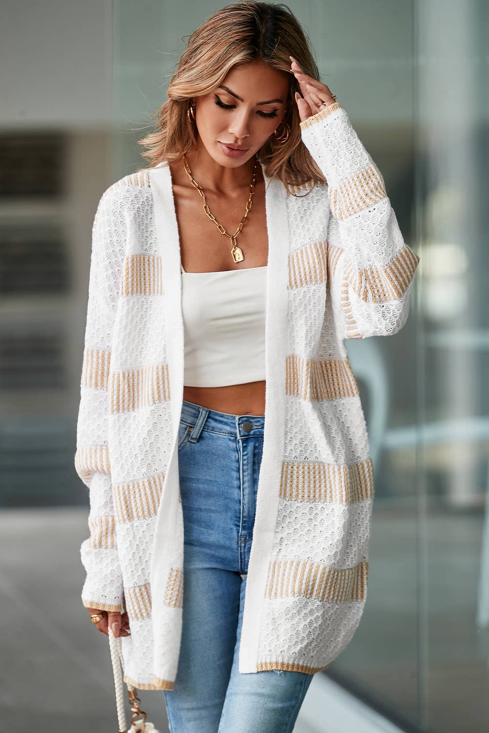 Beige Textured Stripe Pattern Drop Shoulder Duster Cardigan