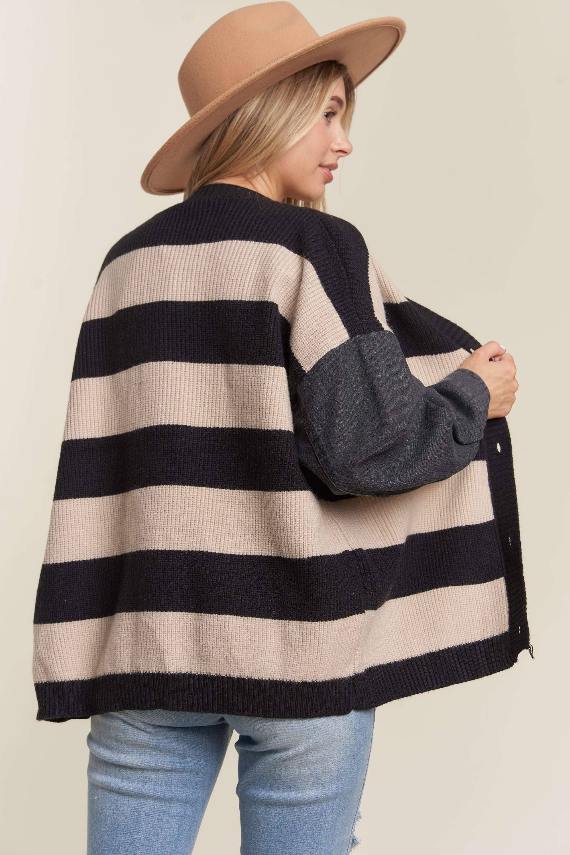 DENIM SLEEVE STRIPE SWEATER CARDIGAN