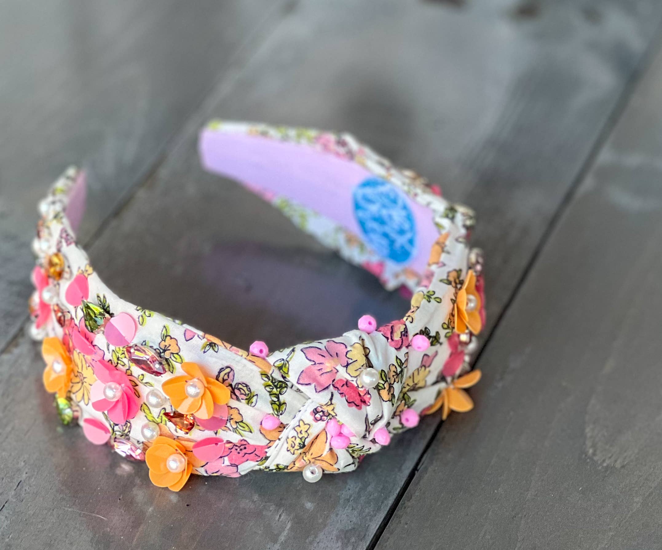 Corolla Pink and Orange Rhinestone and Seed Beaded Top Knot Headband