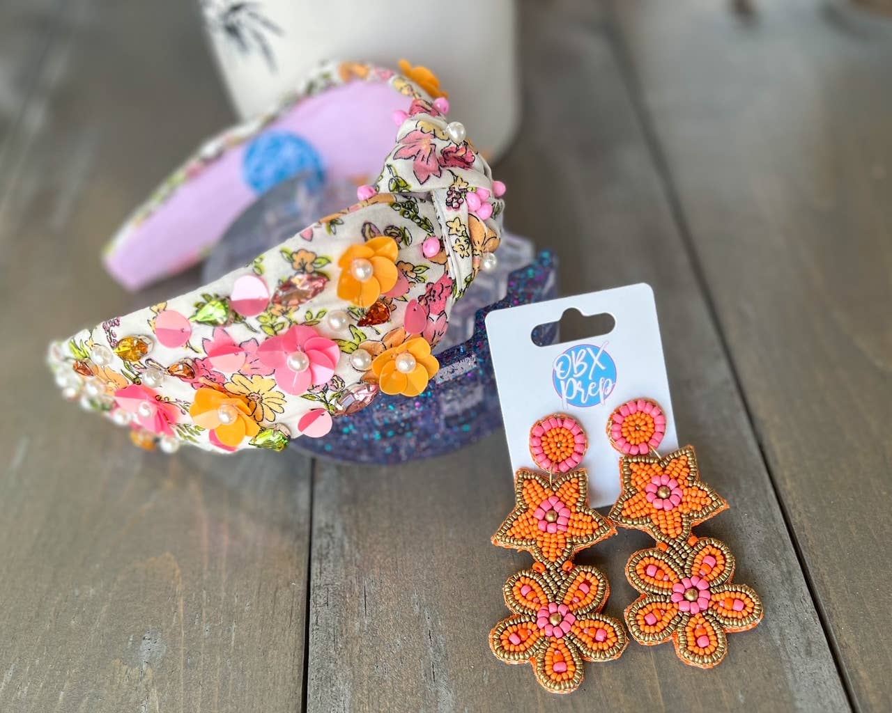 Corolla Pink and Orange Rhinestone and Seed Beaded Top Knot Headband